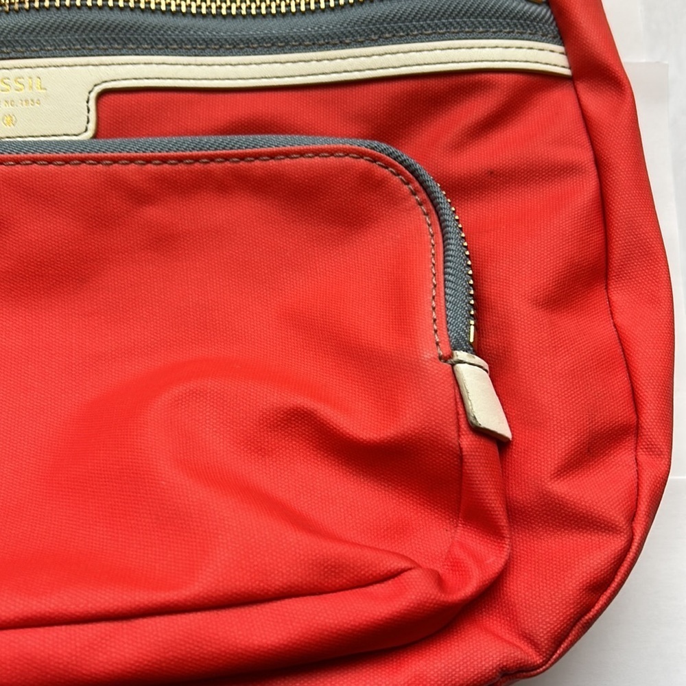 Fossil hobo shoulder and crossbody orange and tan textile bag 3 zipper closures - Picture 7 of 16